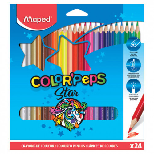 Карандаши цветные MAPED (Франция) Color'Peps Star, 24 цвета, трехгранные, заточенные, европодвес, 183224