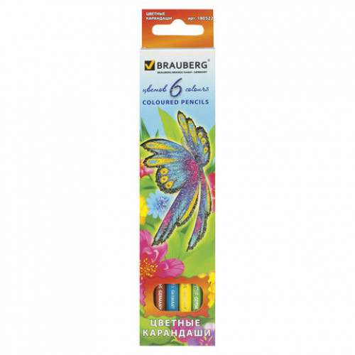 Карандаши цветные BRAUBERG Wonderful butterfly, 6 цветов, заточенные, картонная упаковка с блестками, 180522