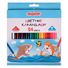 Карандаши цветные ПИФАГОР Веселые акулята, 24 цвета, классические, заточенные, 181818