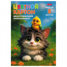Картон цветной А4, 2-сторонний, МЕЛОВАННЫЙ, 8 листов, 8 цветов, в папке, HATBER, 195х280 мм, Мурчалкин, 094750, 8Кц4_36050