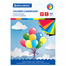 Картон цветной А4 немелованный, 24 листа 8 цветов, в папке, BRAUBERG, 200х290 мм, Шарики, 113558