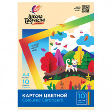 Картон цветной А4 немелованный, 10 л., 10 цветов, в папке, ЛУЧ Школа творчества, 210х297 мм, 30С 1796-08