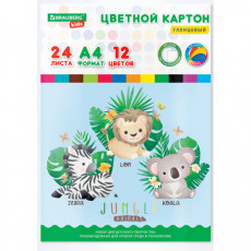 Картон цветной А4 МЕЛОВАННЫЙ EXTRA, 24 листа 12 цветов, в папке, BRAUBERG KIDS, 200х290, Джунгли, 115158