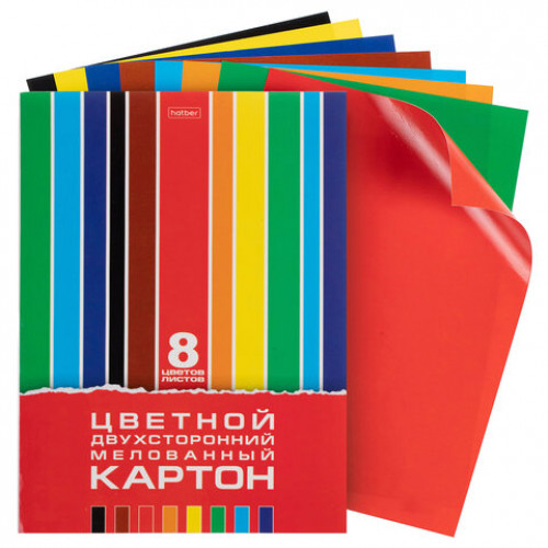 Картон цветной А4, 2-сторонний, МЕЛОВАННЫЙ, 8 листов, 8 цветов, в папке, HATBER, 195х280 мм, Creative Set, 094749, 8Кц4_05934
