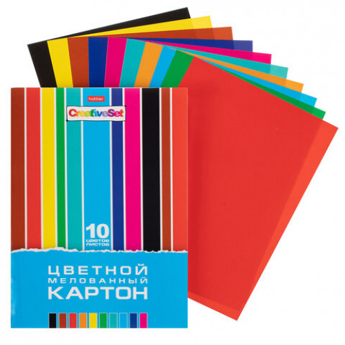 Картон цветной А4, МЕЛОВАННЫЙ, 10 листов, 10 цветов, в папке, HATBER, 195х280 мм, Creative Set, 094760, 10Кц4_05809