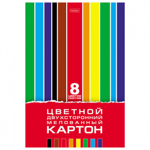 Картон цветной А4, 2-сторонний, МЕЛОВАННЫЙ, 8 листов, 8 цветов, в папке, HATBER, 195х280 мм, Creative Set, 094749, 8Кц4_05934