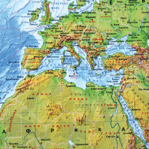Карта мира физическая 120х78 см, 1:25М, с ламинацией, интерактивная, европодвес, BRAUBERG, 112379