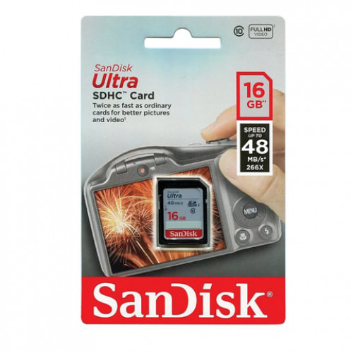 Карта памяти SDHC, 16 GB, SANDISK Ultra, UHS-I U1, 48 Мб/сек. (class 10), DUNB-016G-GN3IN