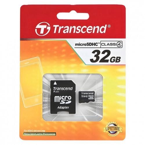 Карта памяти micro SDHC, 32 GB, TRANSCEND, 4 Мб/сек. (class 4), с адаптером, TS32GUSDHC4