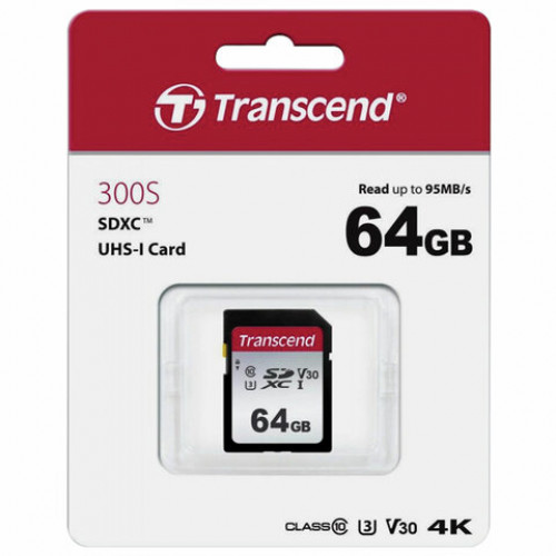 Карта памяти SDXC 64GB TRANSCEND UHS-I U3, V30, 95 Мб/сек (class 10), TS64GSDC300S