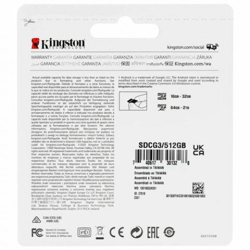 Карта памяти microSDXC 512GB KINGSTON Canvas Go!Plus,UHS-I U1, 170 Мб/с (class 10),ад, SDCG3/512Gb