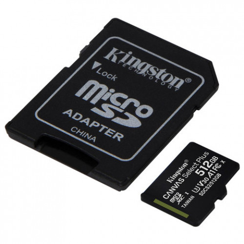 Карта памяти microSDXC 512 GB KINGSTON Canvas Select Plus UHS-I U3,100 Мб/с (class 10), адаптер, SDCS2/512GB