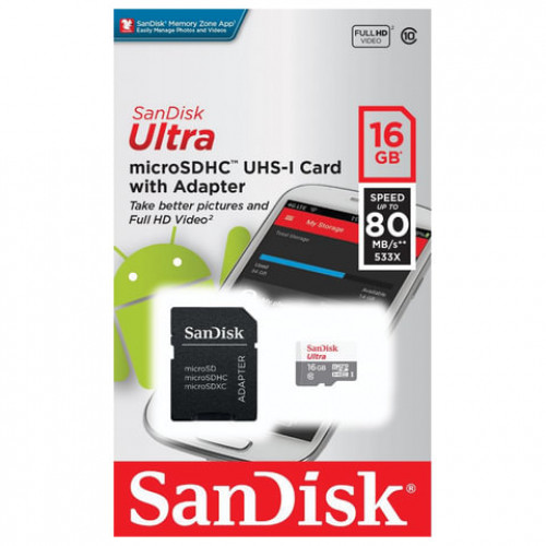 Карта памяти microSDHC, 16 GB, SANDISK Ultra UHS-I U1, 80 Мб/сек (class 10), адаптер, QUNS-016G-GN3MA