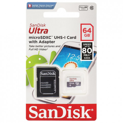 Карта памяти microSDXC, 64 GB, SANDISK Ultra UHS-I U1, 80 Мб/сек (class 10), адаптер, QUNS-064G-GN3MA