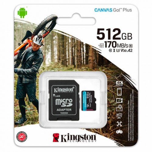 Карта памяти microSDXC 512GB KINGSTON Canvas Go!Plus,UHS-I U1, 170 Мб/с (class 10),ад, SDCG3/512Gb