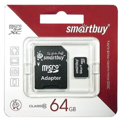 Карта памяти micro SDXC, 64 GB, SMARTBUY, 10 Мб/сек. (class 10), с адаптером, SB64GBSDCL10-01