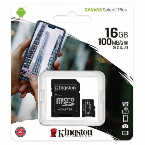 Карта памяти microSDHC 16 GB KINGSTON Canvas Select Plus, UHS-I U1, 100 Мб/с (class 10), адаптер, SDCS2/16GB