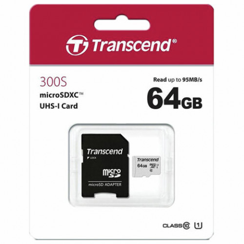 Карта памяти microSDXC 64 GB TRANSCEND UHS-I U1, 95 Мб/сек (class 10), адаптер, TS64GUSD300S-A