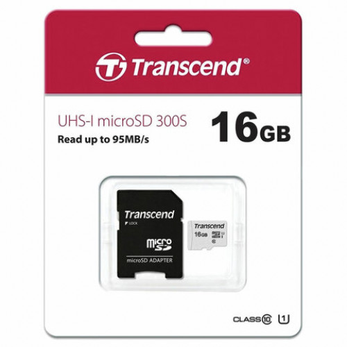 Карта памяти microSDHC 16 GB TRANSCEND UHS-I U1, 95 Мб/сек (class 10), адаптер, TS16GUSD300S-A