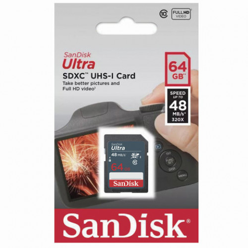 Карта памяти SDXC, 64 GB, SANDISK Ultra, UHS-I U1, 48 Мб/сек. (class 10), DUNB-064G-GN3IN