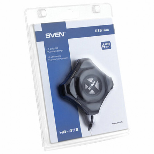 Хаб SVEN HB-432, USB 2.0, 4 порта, кабель 0,45 м, черный, SV-017330