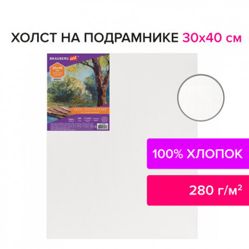 Холст на подрамнике BRAUBERG ART DEBUT, 30х40см, грунтованный, 100% хлопок, мелкое зерно, 191023