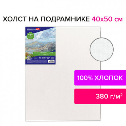 Холст на подрамнике 40х50 см, 380 г/м2, грунтованный, 100% хлопок, BRAUBERG ART, 192197