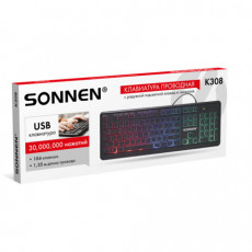 Клавиатура проводная USB, 104 клавиши, LED-подсветка, SONNEN K308, черная, 513947