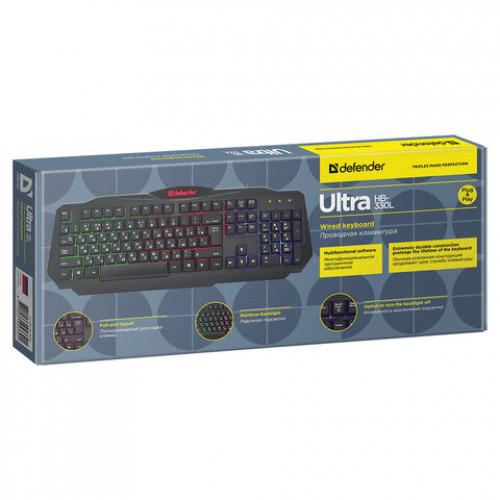 Клавиатура проводная DEFENDER Ultra HB-330L, USB, 104 клавиши, с подсветкой, черная, 45330