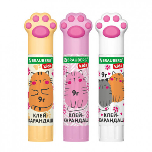 Клей-карандаш Лапки Cat Paw 9 г, фигурный колпачок, 3 шт. на блистере, BRAUBERG KIDS, 271982