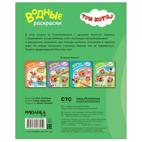 Раскраска водная Три кота, лицензия, 8 л., А4, 248х198 мм, АССОРТИ, МС