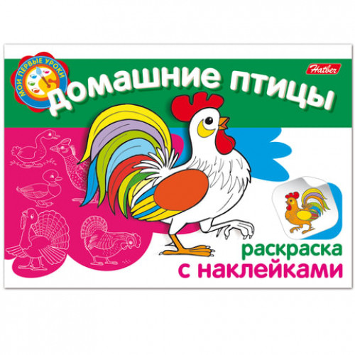 Книжка-раскраска А5, 4 л., HATBER с наклейками, Мои первые уроки, Домашние птицы, 4Р5н 05825, R002699