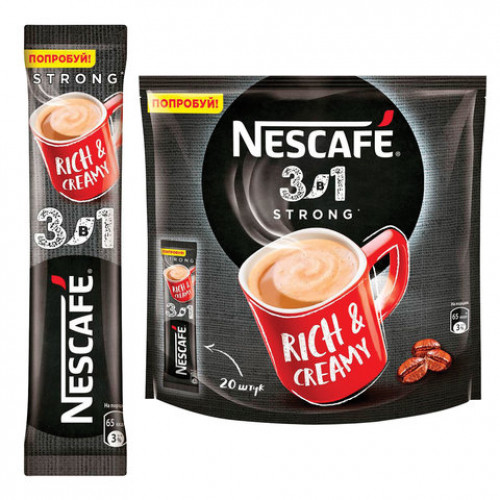 Кофе растворимый NESCAFE 3 в 1 Крепкий, КОМПЛЕКТ 20 пакетиков по 14,5 г (упаковка 290 г), 12460873