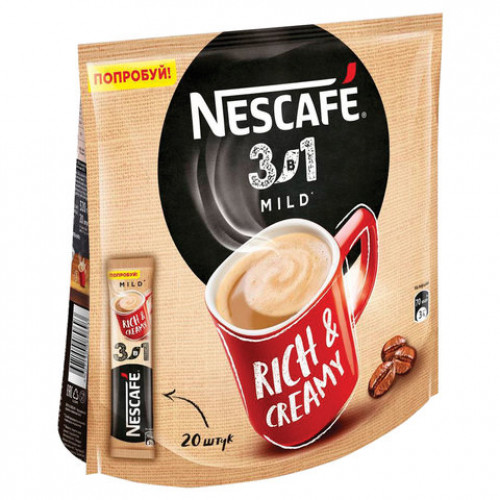 Кофе растворимый NESCAFE 3 в 1 Мягкий, КОМПЛЕКТ 20 пакетиков по 14,5 г (упаковка 290 г), 12460876