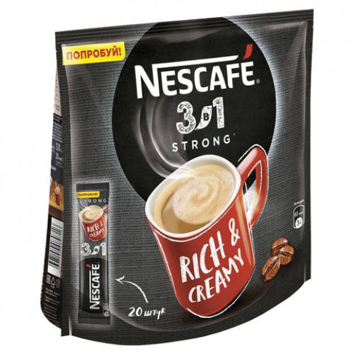 Кофе растворимый NESCAFE 3 в 1 Крепкий, КОМПЛЕКТ 20 пакетиков по 14,5 г (упаковка 290 г), 12460873