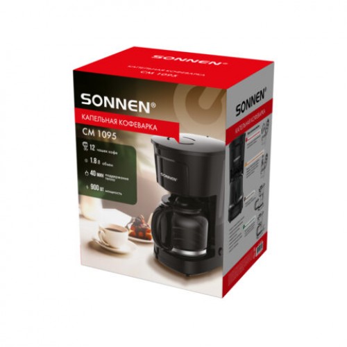 Кофеварка капельная SONNEN CM1095, 900 Вт, объем 1,8 л, подогрев кофе, противокапельная система, черная, 456334