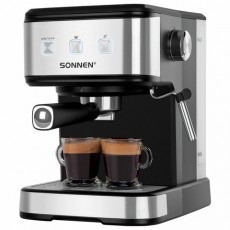 Кофеварка рожковая ручной капучинатор SONNEN CM8501, 1100 Вт, 1,5 л, 15 бар, черная/серебро, 456335