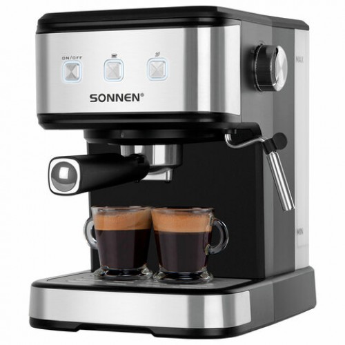 Кофеварка рожковая ручной капучинатор SONNEN CM8501, 1100 Вт, 1,5 л, 15 бар, черная/серебро, 456335