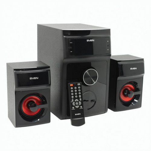 Колонки компьютерные SVEN AC MS-302, 2.1, 40 Вт, FM-тюнер, USB, SD, MP3-плеер, дерево, черные, SV-013554