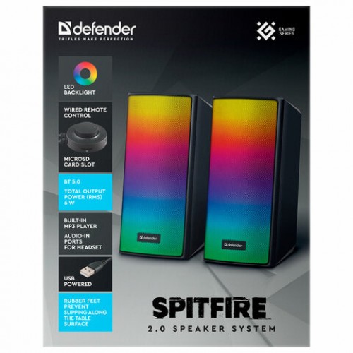 Колонки компьютерные DEFENDER SPITFIRE 2.0, 6 Вт, Bluetooth, питание от USB, 65047