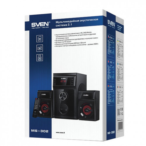 Колонки компьютерные SVEN AC MS-302, 2.1, 40 Вт, FM-тюнер, USB, SD, MP3-плеер, дерево, черные, SV-013554
