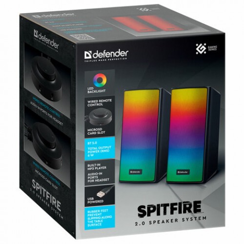 Колонки компьютерные DEFENDER SPITFIRE 2.0, 6 Вт, Bluetooth, питание от USB, 65047