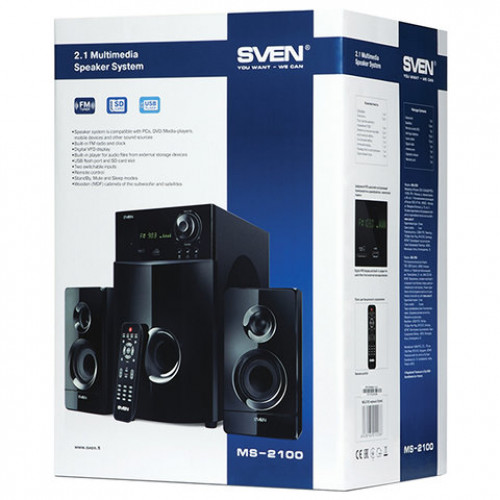 Колонки компьютерные SVEN AC MS-2100, 2.1, 80 Вт, часы, FM-тюнер, дерево, черные, SV-012236