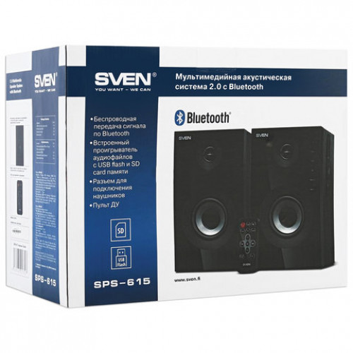 Колонки компьютерные SVEN SPS-615, 2.0, 2х10 Вт, USB, SD, Bluetooth, дерево, черные, SV-013707