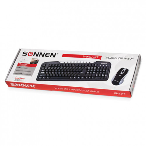 Набор проводной SONNEN KB-S110, USB, клавиатура 116 клавиш, мышь 3 кнопки, 1000 dpi, черный/серебристый, 511284