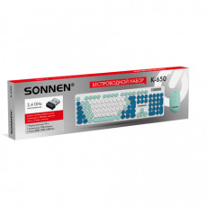 Набор беспроводной: клавиатура 104 клавиши, мышь 4 кнопки, SONNEN K-650, белый/мятный/бирюзовый, 513953