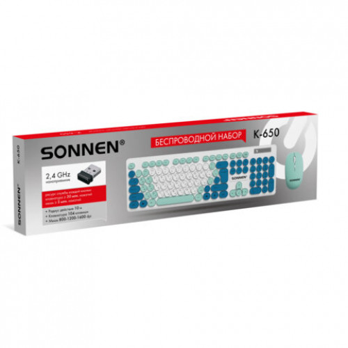 Набор беспроводной: клавиатура 104 клавиши, мышь 4 кнопки, SONNEN K-650, белый/мятный/бирюзовый, 513953