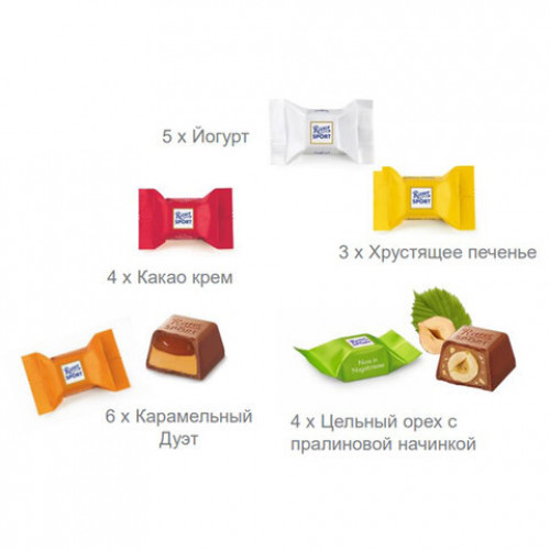 Шоколадные конфеты RITTER SPORT DANKE SCHON, набор 5 вкусов, 22 конфеты, 176 г
