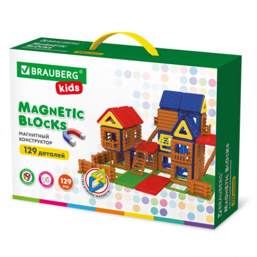 Магнитный конструктор MEGA MAGNETIC BUILD BLOCKS-129 Построй дом, 129 деталей, BRAUBERG KIDS, 663850