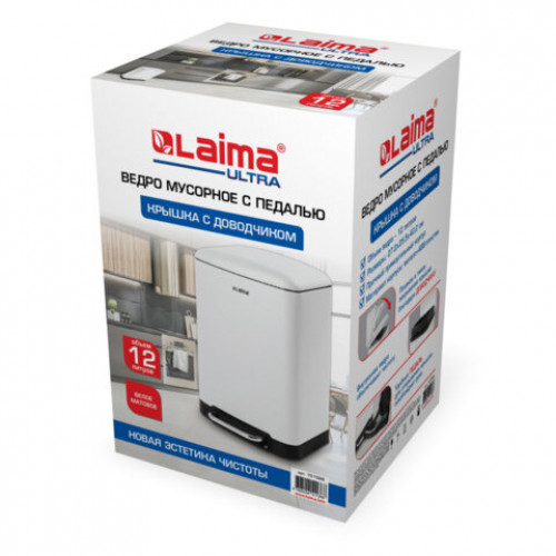 Ведро мусорное с педалью 12л, крышка с доводчиком, белое матовое, металл, LAIMA ULTRA, 701566